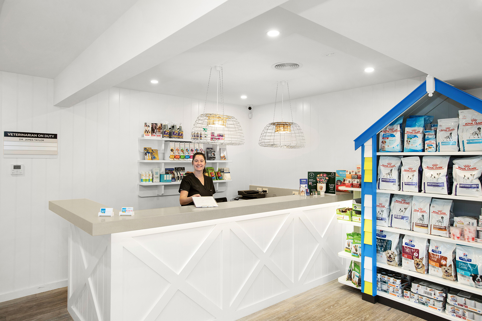 Brighton Veterinary Hospital front desk and food shelves